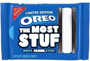  Image: A blue Oreoâ„¢ package that says Limited Edition Oreo: The Most Stuf. Most. Creme. Ever. There is a red triangle in the top left corner that says Nabisco, and a sideways view of an Oreo cookie on the right side of the package.