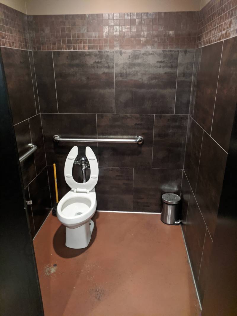 Image: A bathroom stall with a brown floor and dark grayish brown tiled walls. There is a white porcelain toilet with the seat up on the left side, and a small metal trash can on the right side. There are two metal handles on the walls of the stall.
