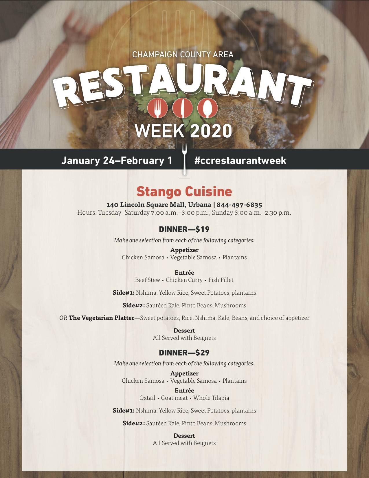 Image: A poster that says Champaign County Area Restaurant Week 2020 at the top. The remainder details the available menu options at the Stango Cuisine during Restaurant Week. Image from Visit Champaign County.