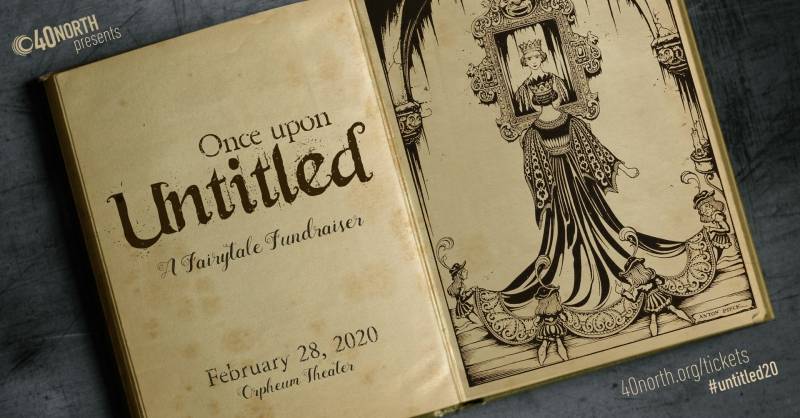 A book with yellowed pages is open and laid flat. On the left the page has the text: Once upon Untitled: A Fairytale Fundraiser. On the right is a black line drawing of a queen looking into a mirror hanging on the wall. Image from Facebook event page.