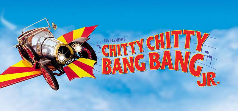 Image: Photo of flying car in the sky with the play title, Chitty Chitty Bang Bang Jr., surrounded by musical notes. Photo from Facebook event page.