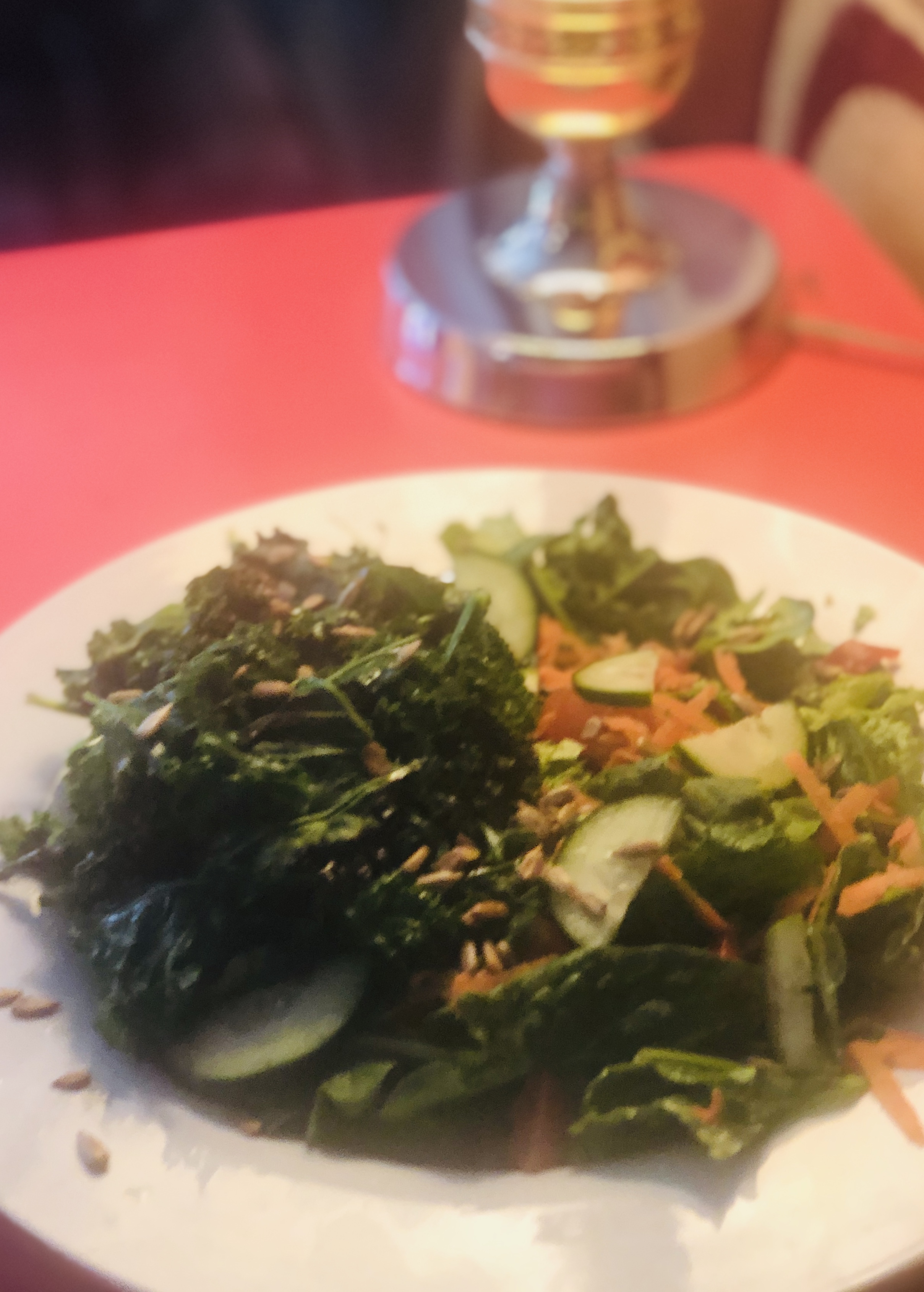 A bed of greens with cucumbers, shaved carrots, seared kale, and sunflower seeds is in a large, white bowl on a red table at Red Herring. Photo by Kate Aldridge.