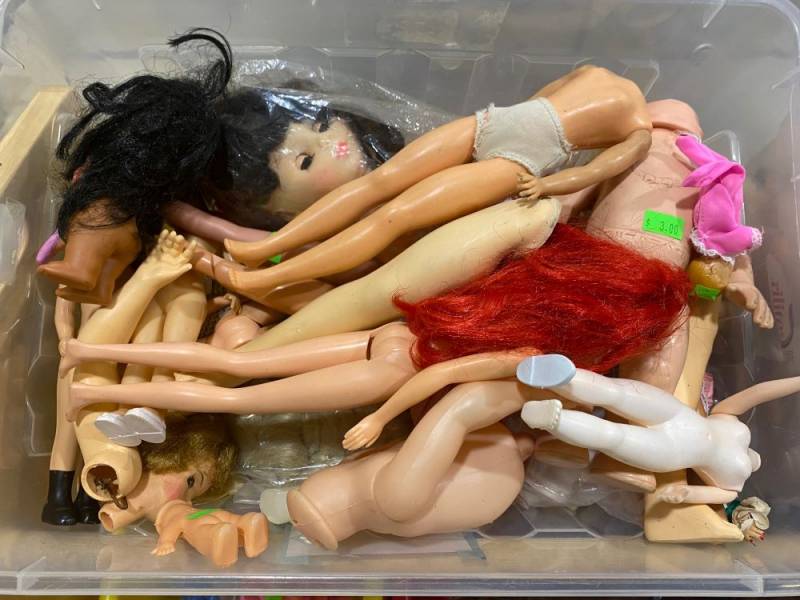 Image: A plastic tub filled with various doll parts. Photo by Julie McClure.