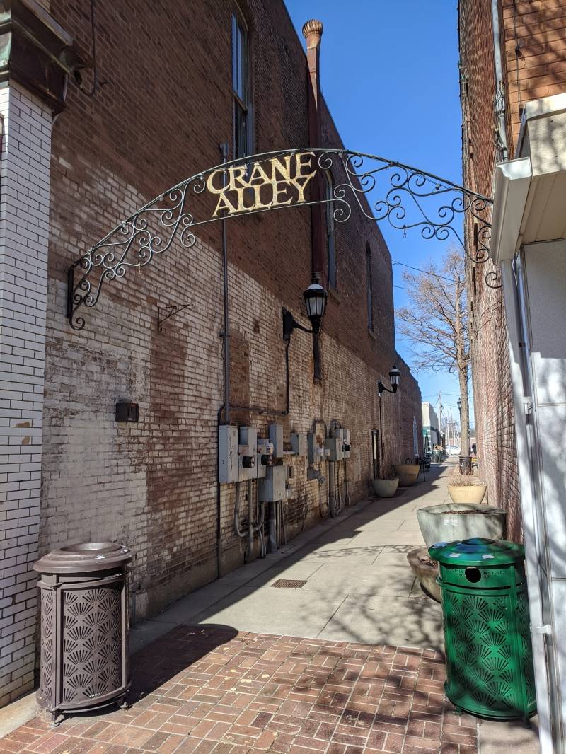 Image: The length of an alley in between two brick buildings. There is a wrought iron archway with Crane Alley in gold lettering. Photo by Tom Ackerman. 