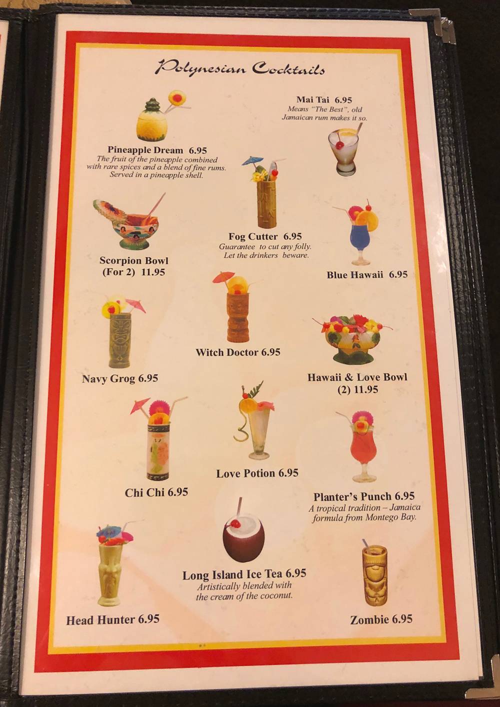 Polynesian cocktail menu at Peking Garden. A large menu page features 14 different cocktail images with titles and prices. Photo by Jessica Hammie. 