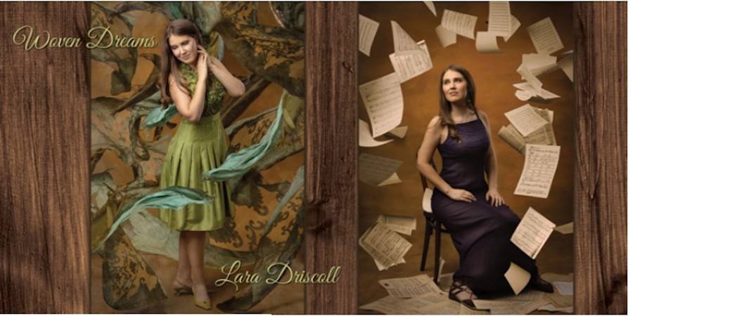 Album art for Lara Driscoll's new album, Woven Dreams. Two images, bordered by wooden beams. In the first, Driscoll wears a green dress and is surrounded by larger-than-life green leaves. In the Second, she sits in a chair while sheet music swirls about her person.