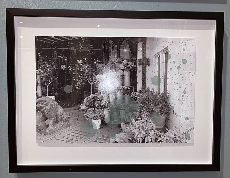 Image: Framed black and white photograph of flower stall from Adrienne Little's 