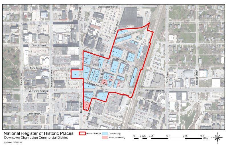 A satellite view map of Downtown Champaign. The commerical district is outlined in red. 52 contributing structures are in blue, and 11 non-contributing structures are in red. Image provided by City of Champaign.