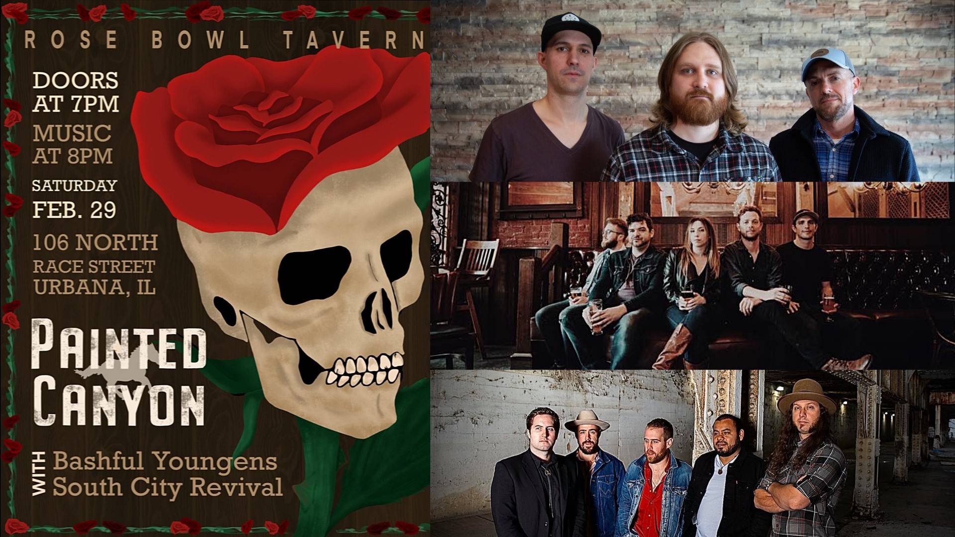 Graphic for the upcoming Painted Canyons show at the Rose Bowl Tavern. An image of a skull topped with a bright red rose. Three images of the bands that are playing are stacked on top of each other on the right hand side.