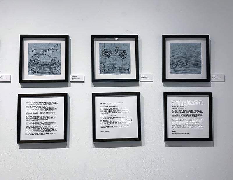 Image: Series of three framed ink drawings with framed typed narrative descriptions below. Paul Flippen's series. Photo by Debra Domal