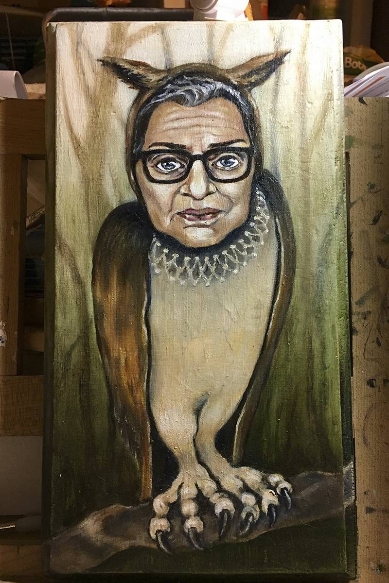Patience Anders, RBG, 2019. A painting of an owl with Ruth Bader Ginsburg's face.Photo by Ray Batman.
