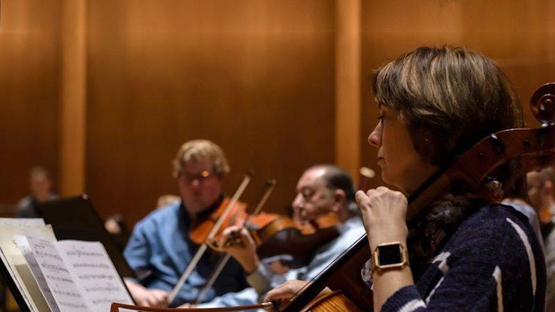 Image: A close-up image of a woman playing a cello. She wear a blue and white sweater. Other members of the orchestra can be seen behind her out of focus. Image from the Facebook event.