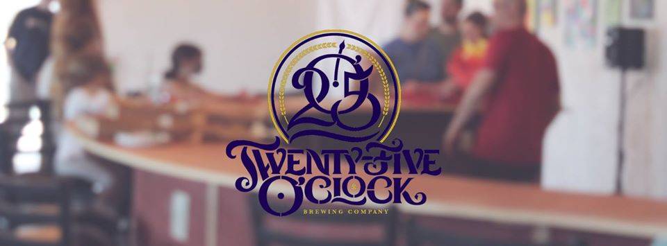 The 25 O'Clock Brewing Company logo is on top of a blurred image of the bar with several patrons and glasses on it. Image from the 25 O'Clock facebook page.