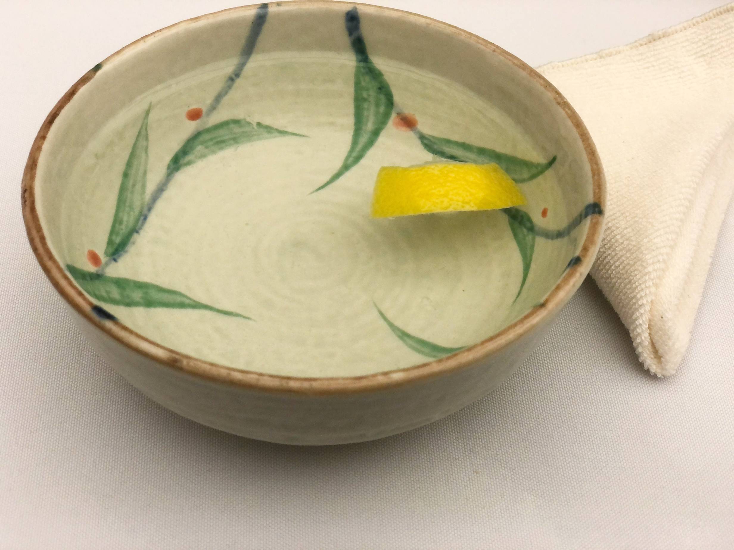 A ceramic bowl with painted leaves and stems is filled with water and a small piece of lemon. It sits on a table with a triangularly folded cotton napkin. Photo by Alyssa Buckley.