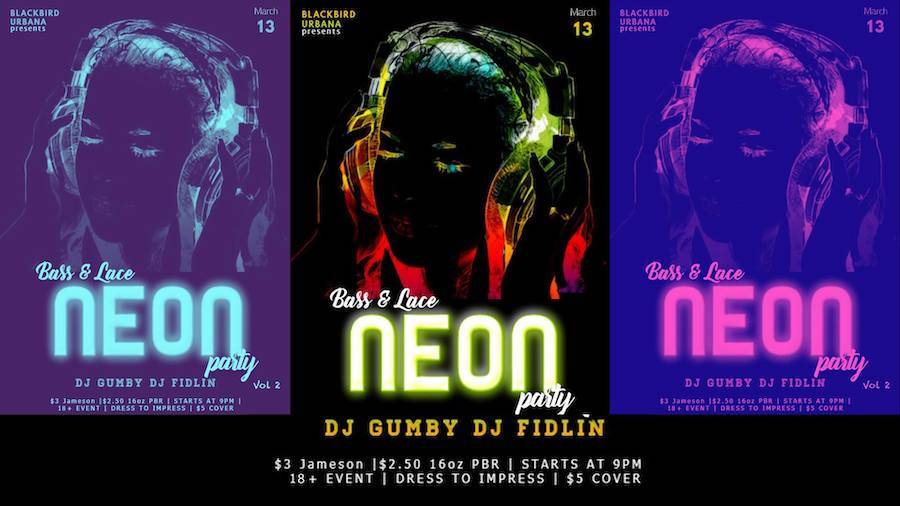 Three iterations of a poster announcing the Bass & Lace Neon Party at Blackbird in Urbana on March 13th. The image is a negative of a girl with long hair holding headphones to her ears. Her dark hair and long eyelashes glow in the negative. The first iteration is blue and white;  the second black with red, blue, and green; and the third, purple and pink. 