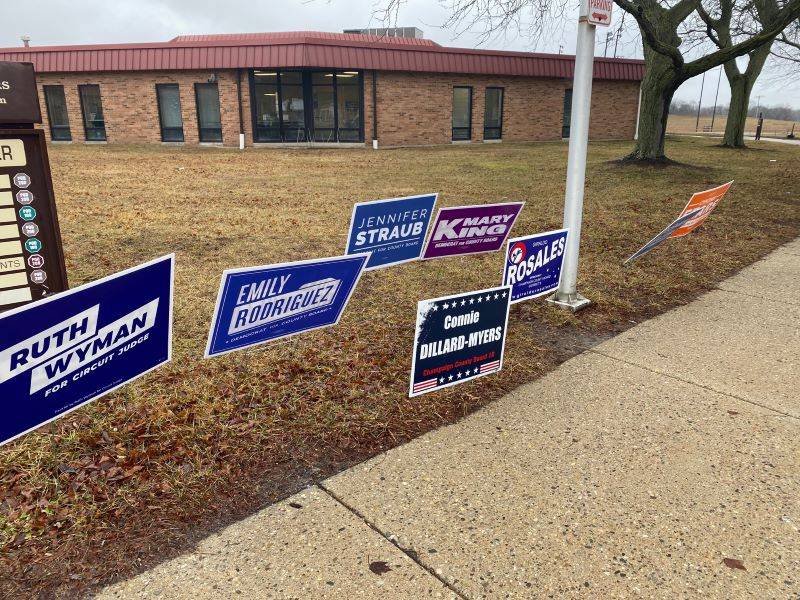 A row of political campaign signs are sticking into the ground along a sidewalk. They are for Ruth Wyman, Emily Rodriguez, Connie Dillard-Myers, Jennifer Straub, Mary King, Giraldo Rosales. There is a one story brick building in the background. Photo by Julie McClure.