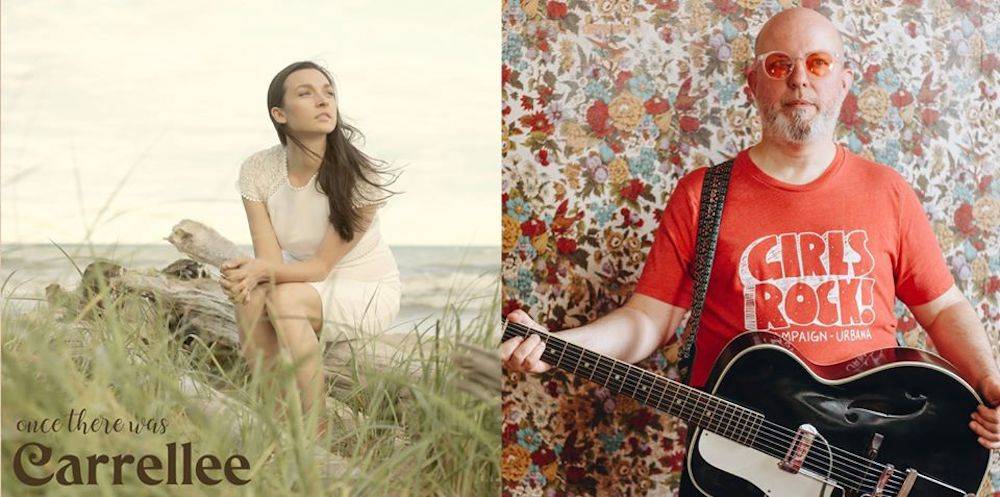 Two pictures side by side. The first of Carrellee, sitting on a log on a beach, tall grass at her feet, the water and sand can be seen behind her. She wears a white dress with lace. The wind blows her long, brown hair. The second photo is of Paul Kotheimer holding his black guitar with a white pickguard. He wears a light red shirt that reads 