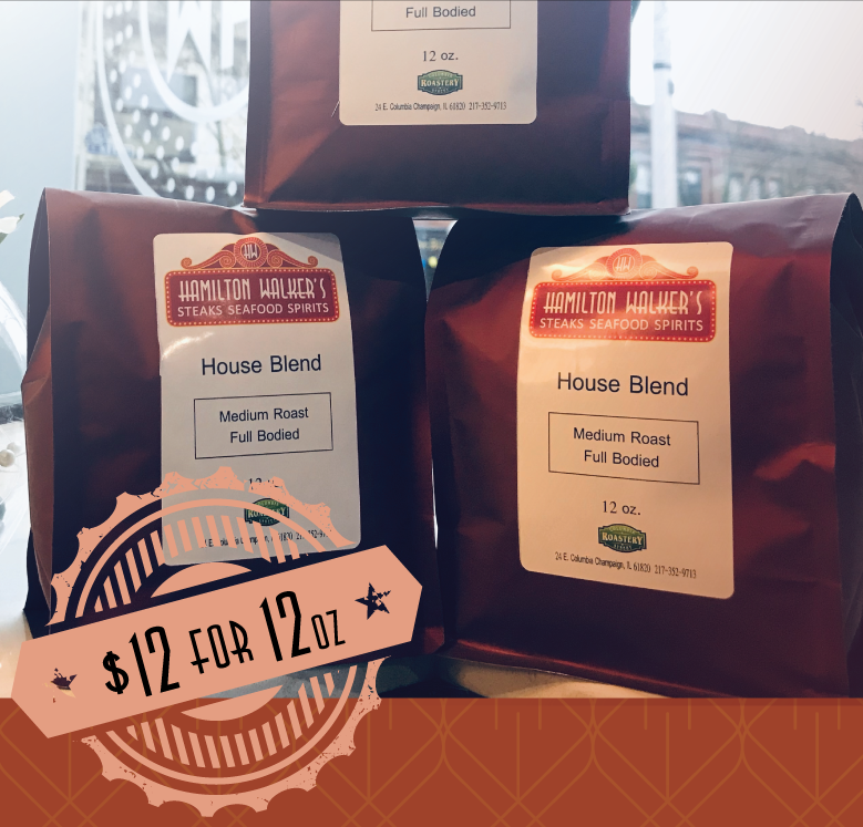 Three bags of coffee. The bags are brown with white labels that say House Blend, Medium Roast Full Bodied. Image from Hamilton Walker's. 