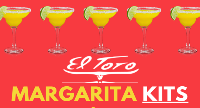 A row of yellow margaritas with salt rims and a lime lined at the top of the image with a red background. 