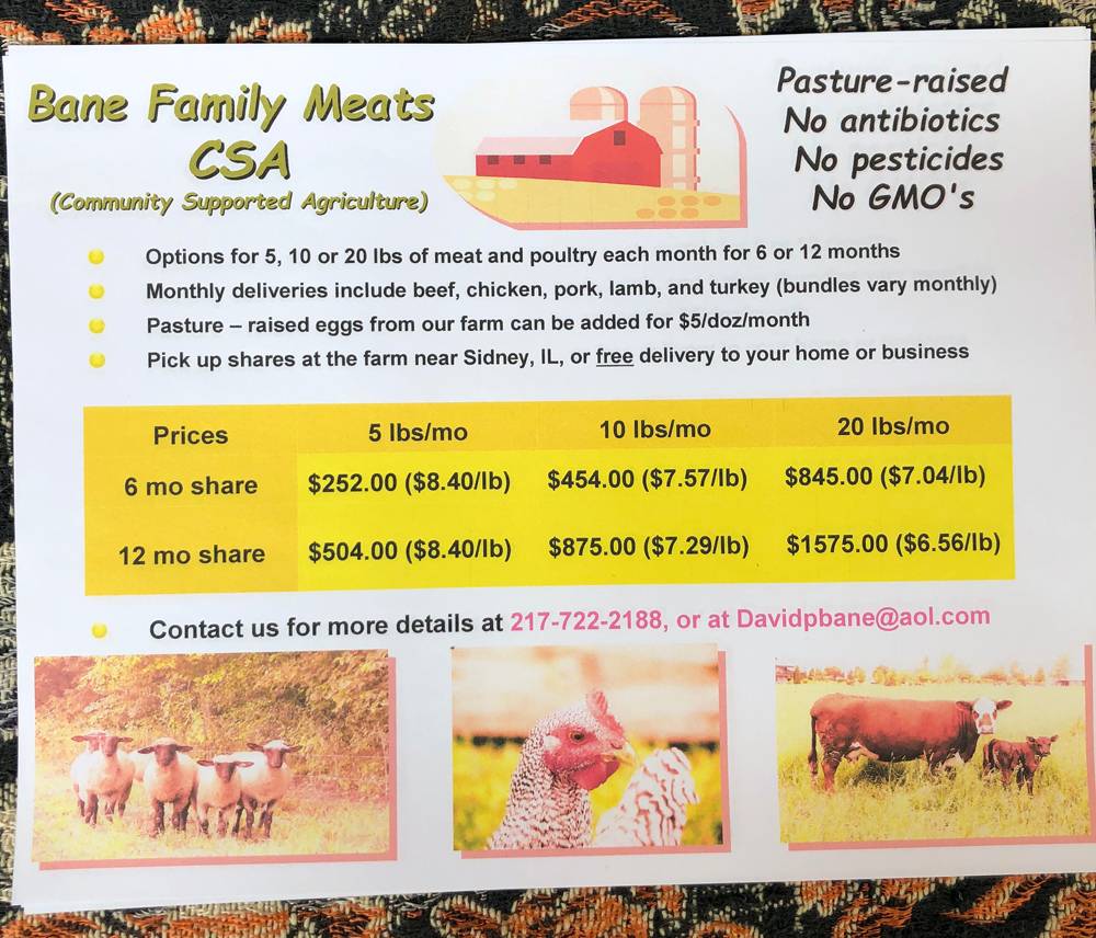 Photo of poster of Bane Family Meats CSA price schedule. The poster contains pricing information, as well as contact information. Photo by Jessica Hammie. 