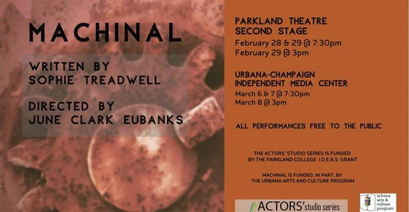 A poster with a close up photo of gears. The black text says Machinal, written by Sophie Treadwell, directed by June Clark Eubanks. Image from Facebook event page. 