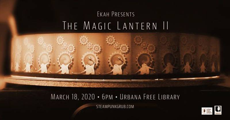 Image: Photo of artist EKAH's Magic Lantern homage to the earliest form of slide projection with event details listed in white text. Photo from Facebook event page