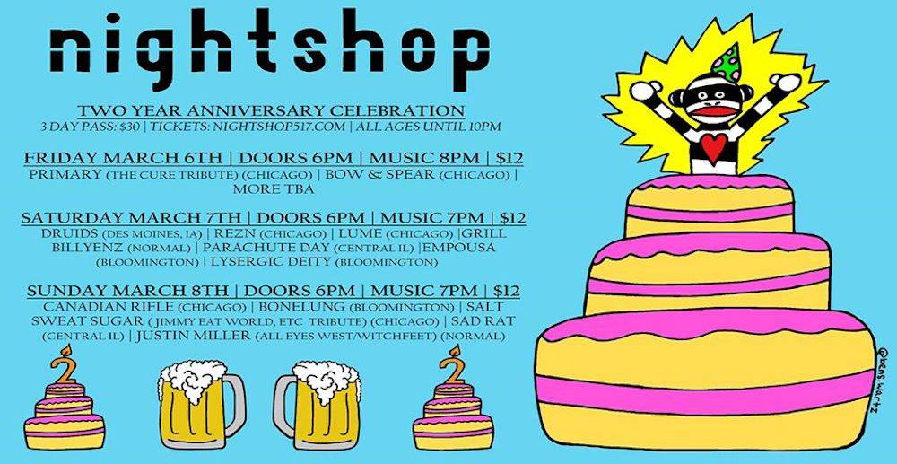A graphic announcing nightshops two year anniversary celebration. The bands playing each night are listed under their respective dates. Against a teal background, two small cakes with candles in the shape of twos sit on either side of frothy beer mugs. A large cake with nightshop's black and white striped monkey mascot erupting from the top sits on the right of the image.