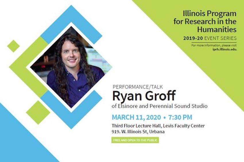 A graphic announcing the Performance-Talk by Elsinore lead singer, Ryan Groff. A picture of Groff appears in a diamond surrounded by Blue and Green bars on three corners of the diamond. Small green diamonds appear next to this picture against a white background. The information for the event is given in text on the right-hand side.