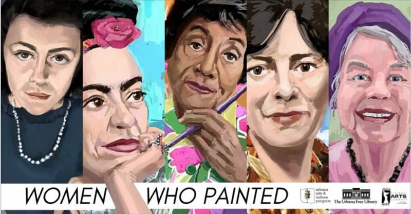 A poster with the painted portraits of five different woman artists. Along the bottom of the poster it says Women Who Painted.