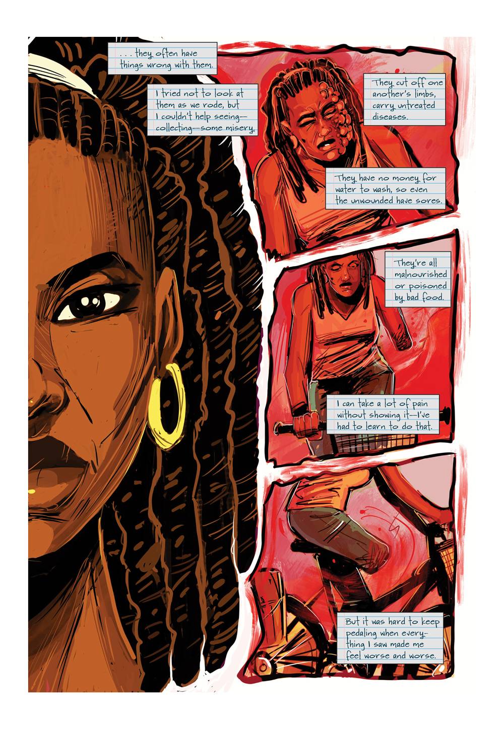 A page from â€œParable of the Sower.â€ There are three horizontal panels featuring a disfigured young black woman riding a bike. The text bubbles are the words of the young woman explaining the pain and suffering of others. On the left side of the page is half of the face in frontal view of a young, black woman's face. Words by Damian Duffy, art by John Jennings. Image courtesy of Damian Duffy.