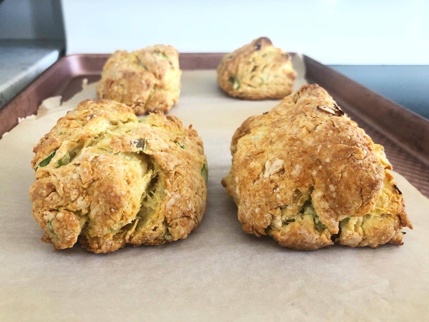 Four sour cream and onion biscuits sit on a parchment paper on a rose gold baking sheet. Photo by Alyssa Buckley.