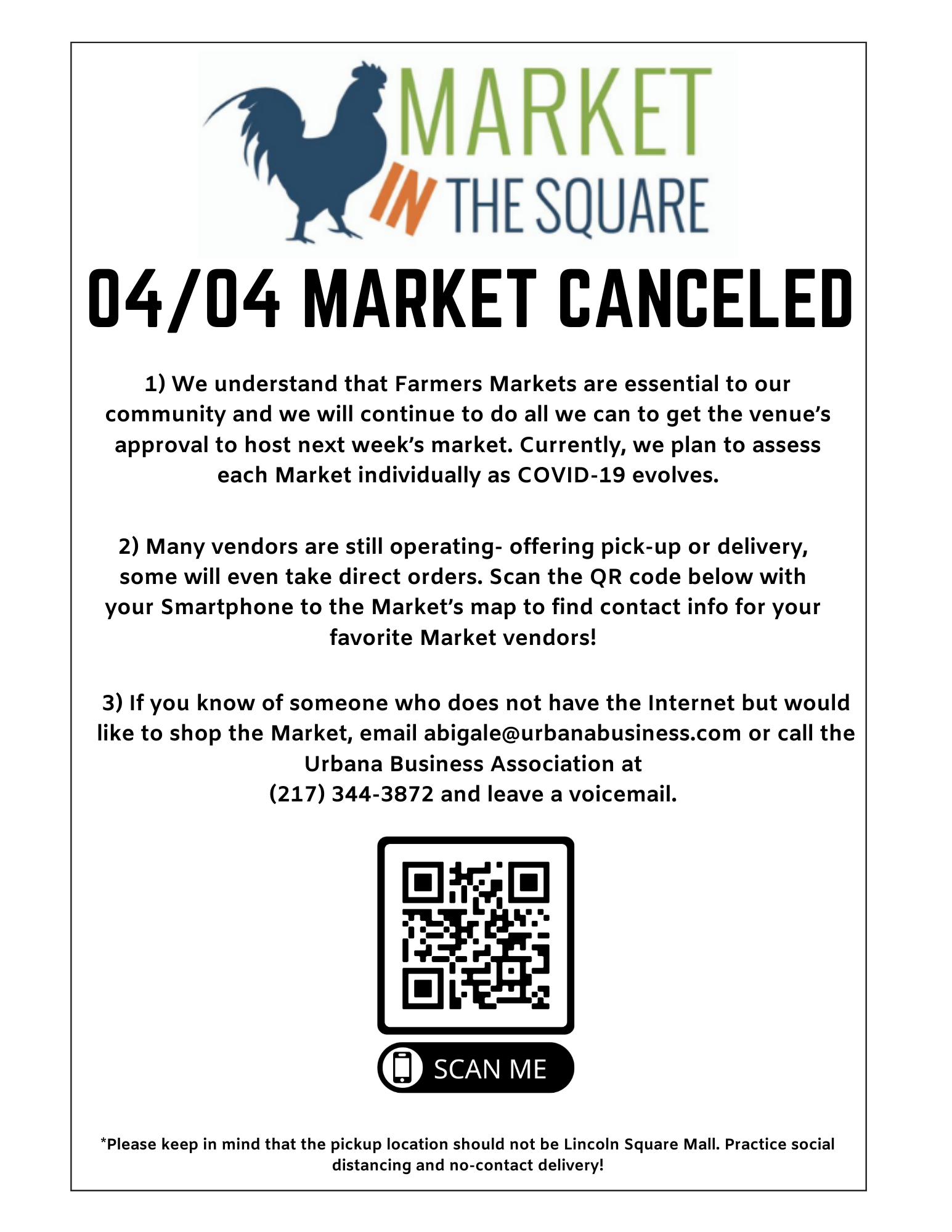 Poster with instructions on how to scan a QR code to access another website that will lead to contact information for Market in the Square Vendors. Image from Market in the Square Facebook page. 