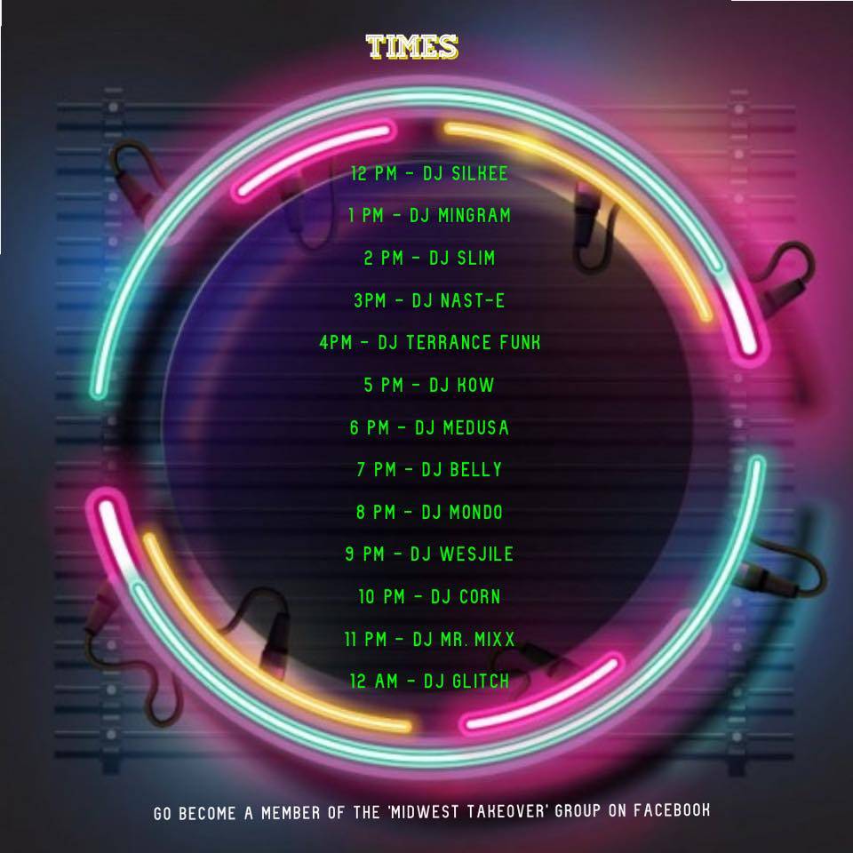 IMAGE: Neon circular light surrounds a schedule that lists various set times for DJs. Photo from the Facebook group.