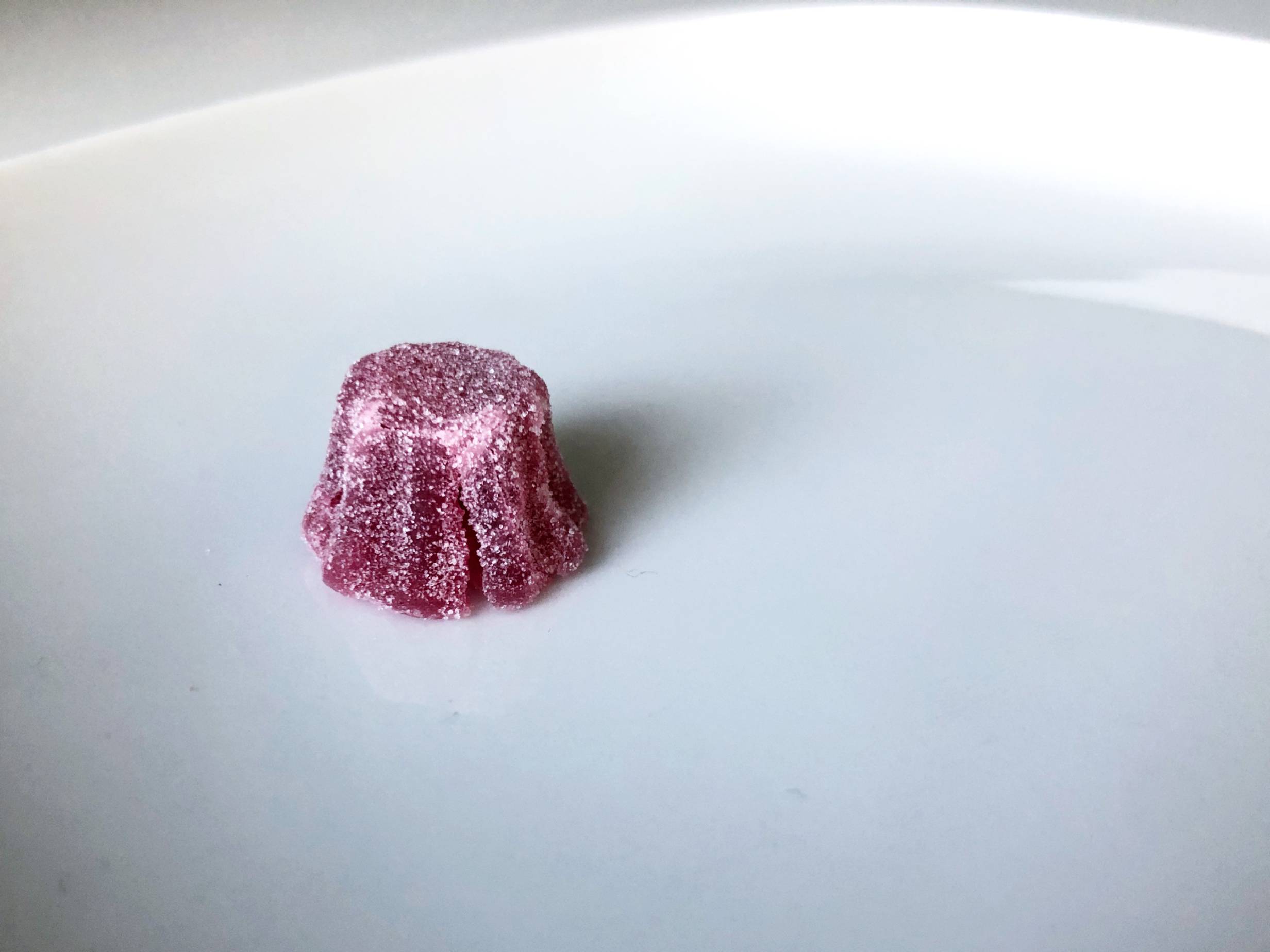 A purple, cannabis-infused gummy is covered in white, granulated sugar and sits on a white plate. Photo by Alyssa Buckley.