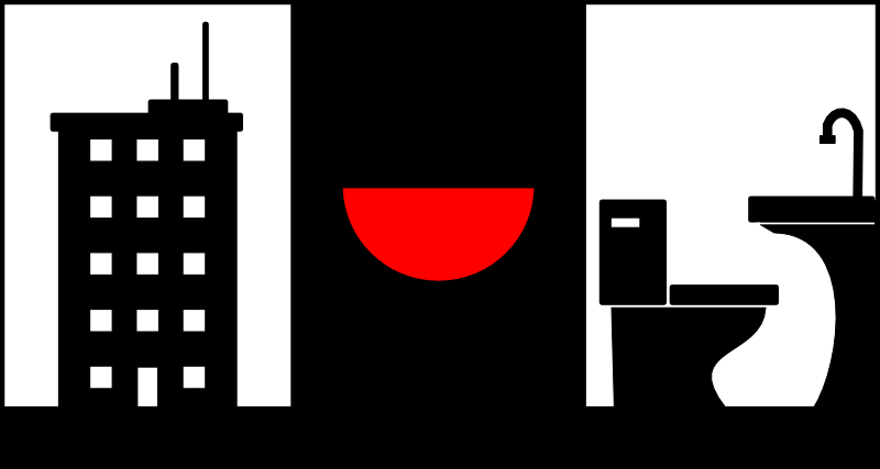 A graphic with a white featuring a black building silhouette on the left, a solid black vertical rectangle with a red semi-circle in the center, and a black toilet silhouette on the right. 