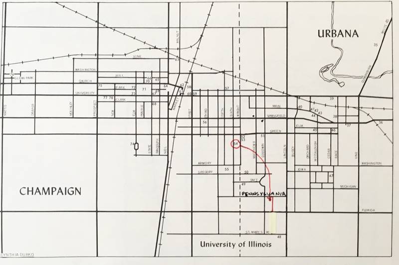 Map of Urbana and Champaign locations by designated number from the Historic Sites in Champaign County booklet. Black lined streets, railroad tracks, and text.