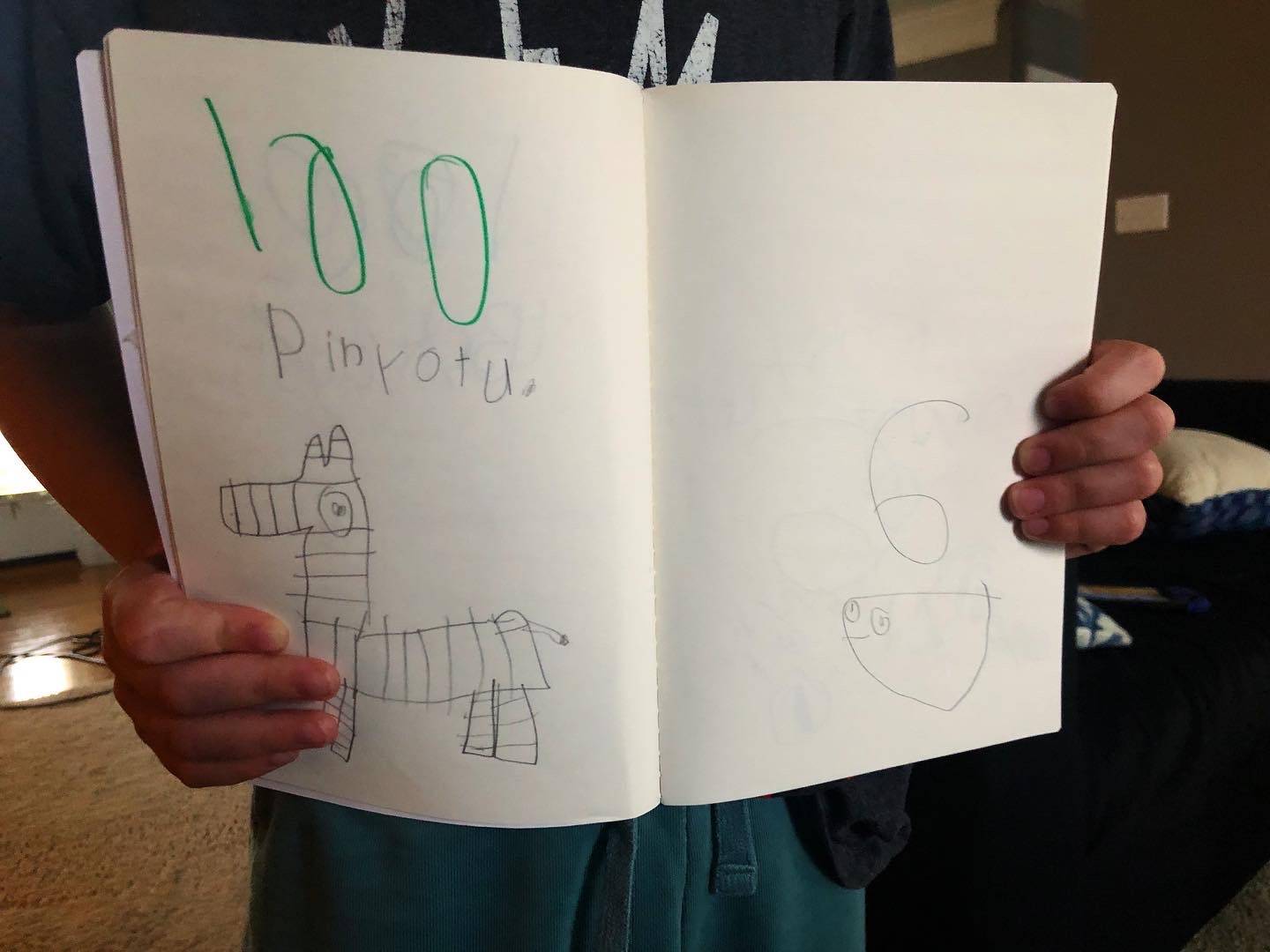 A child holds up a sketchbook with a drawing of a pinata with 