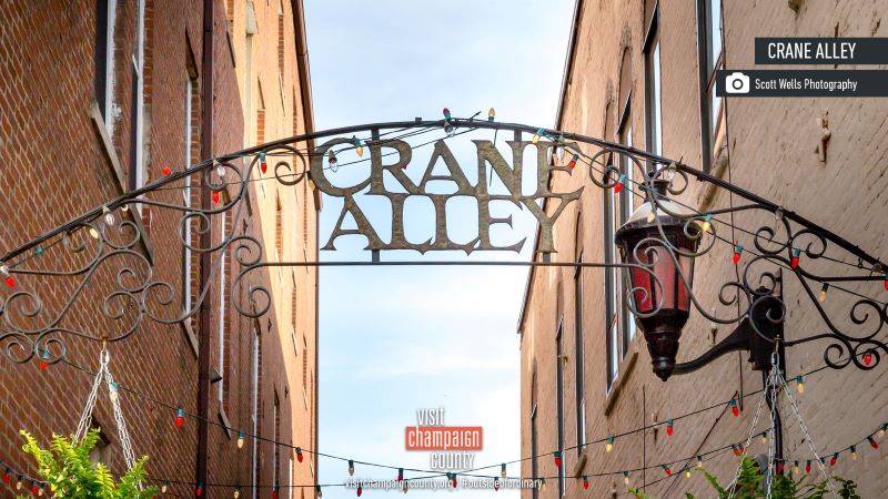 A wrought iron sign that says Crane Alley is arched between two brick buildings. There are strings of lights criss crossed behind it. Photo by Scott Wells. 