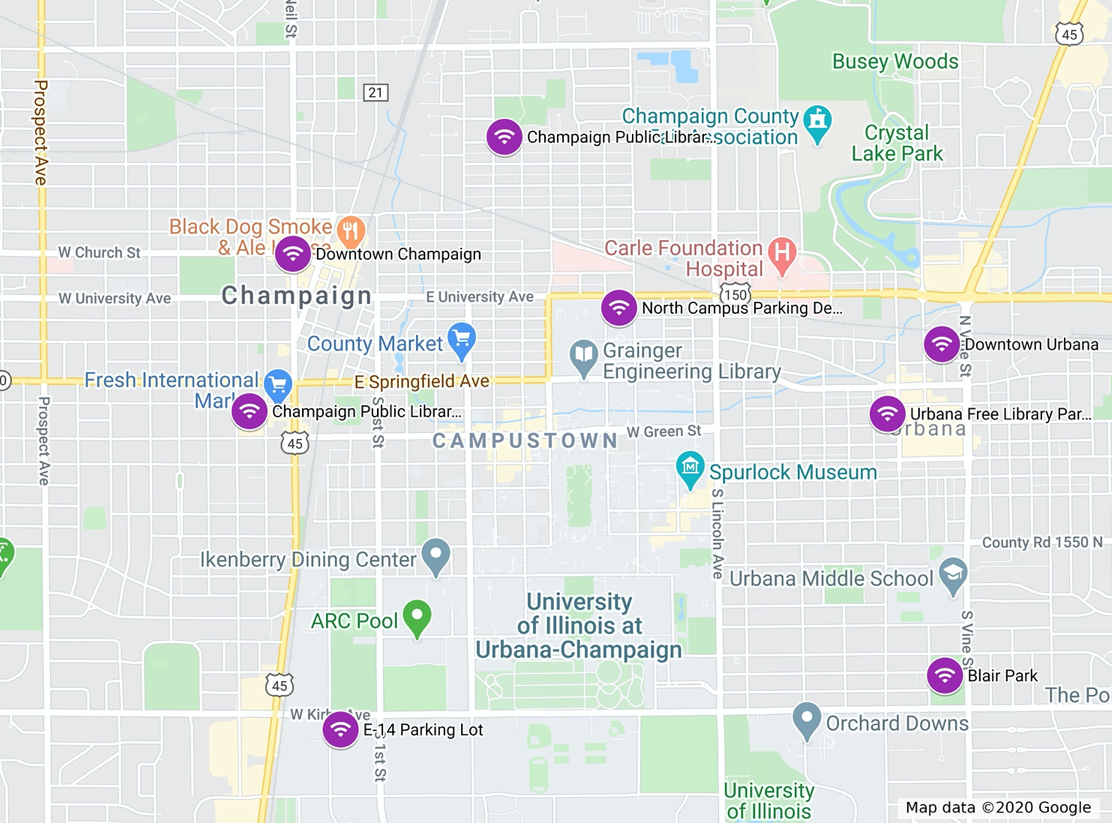IMAGE: Screenshot of Google Maps centered on Campustown between Urbana and Champaign. There are flags indicating wifi hotspots. Photo provided by Sharon Irish.
