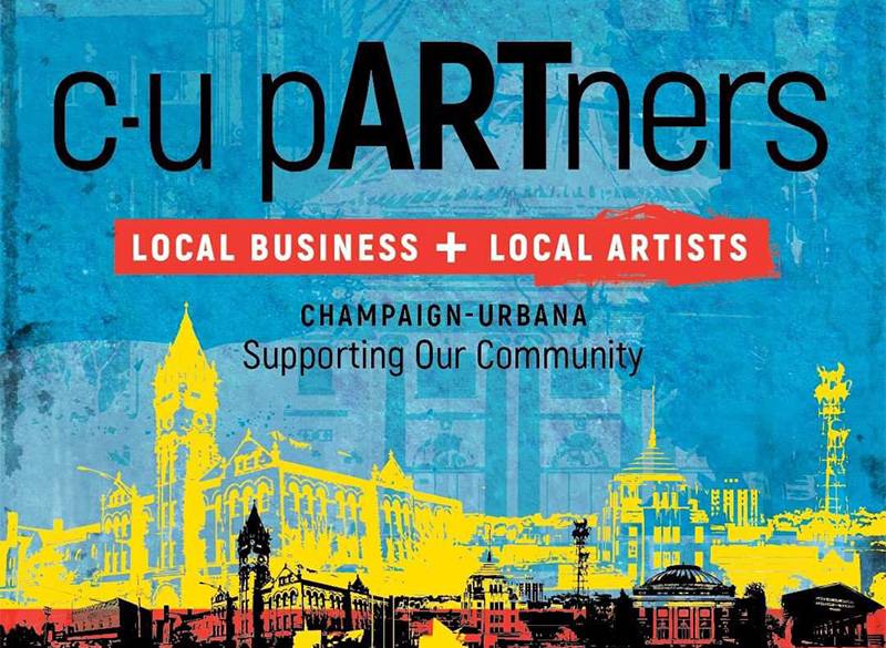 Image: Blue background with yellow silhouette of parts of the downtown Urbana and downtown Champaign skylines, with text about the partnership name and mission overlaid in white text. Image from c-u pARTners Facebook page