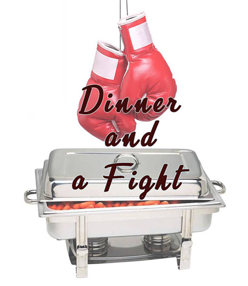 Image: Photo of a banquet steam tray below a pair of red boxing gloves with the title 