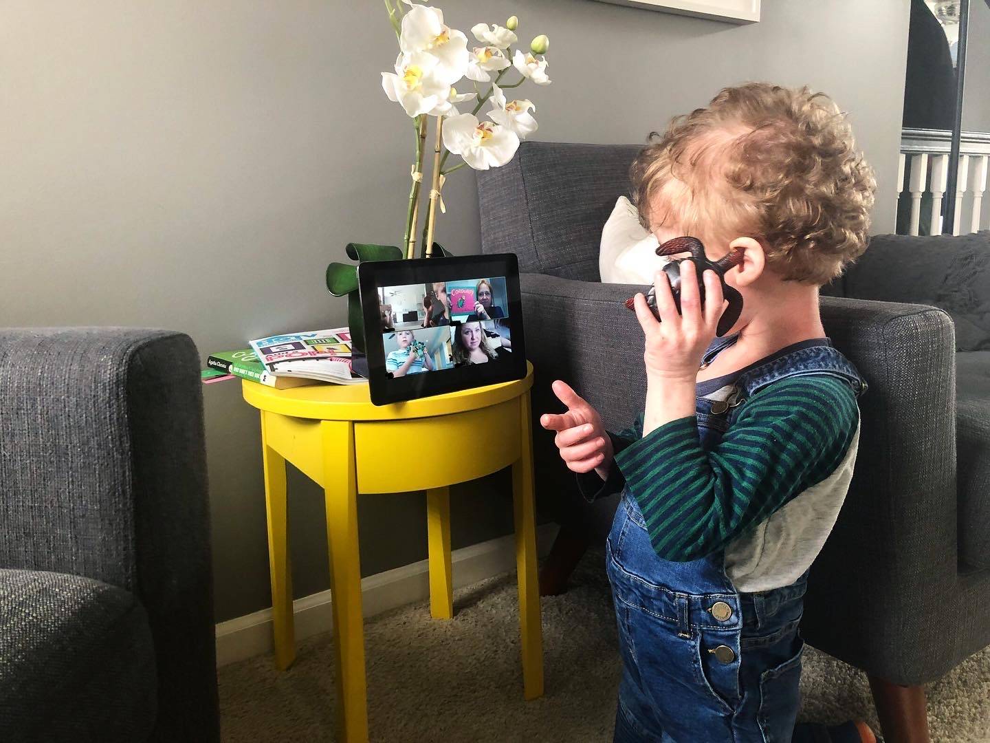 A child holding a plastic turtle toy up to his face is video calling. An iPad is set up on a yellow side table with a screen of four boxes each featuring family. Photo by Alyssa Buckley.