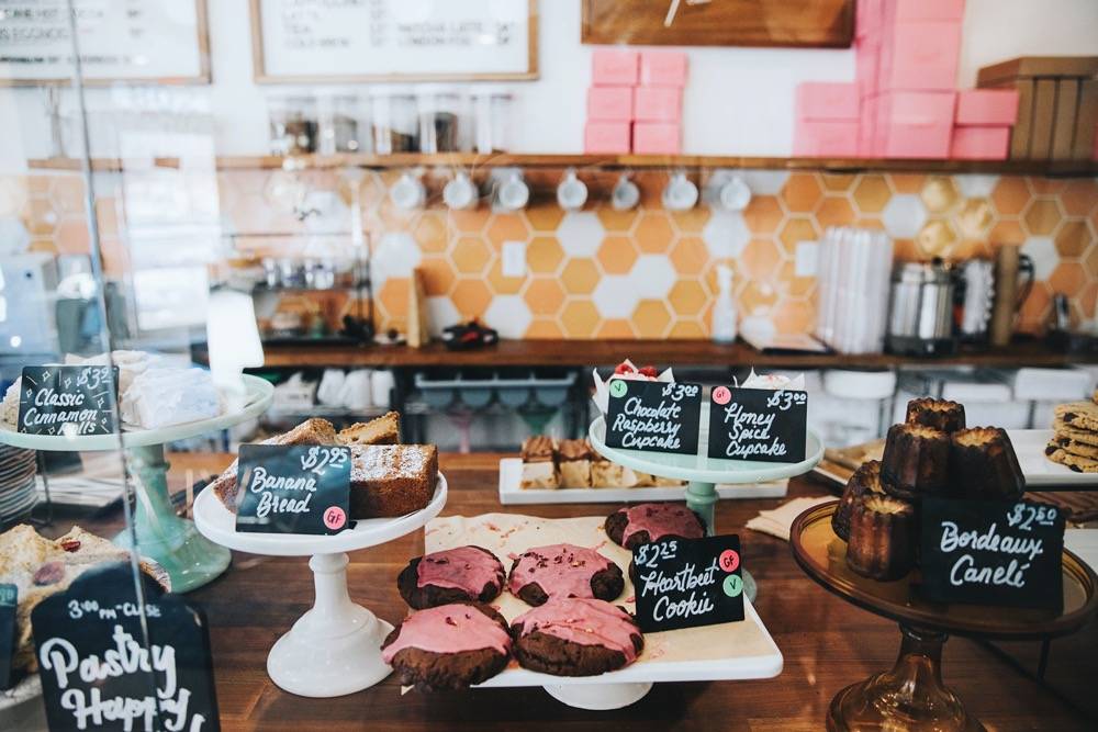 A closer look at the pastry options behind the glass display of the coffeebar at Hopscotch. Photo by Anna Longworth.