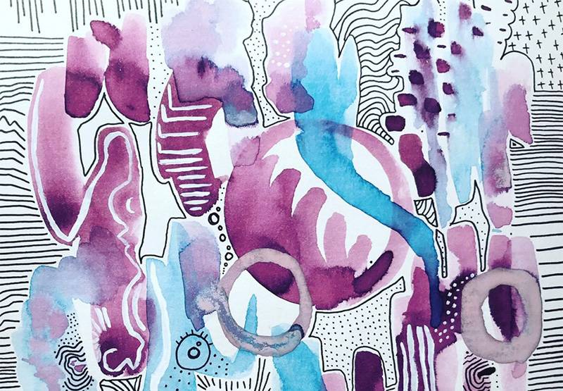 Image: Photo of abstract mixed media work by Gillian Marie Gabriel featuring blue and wine colored organic watercolor shapes and black line work. Photo from Boneyard Arts Festival Facebook page.