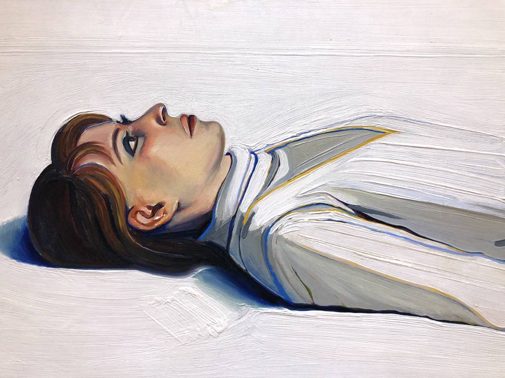 A detail of Wayne Theibaudâ€™s Supine Woman, 1963. A white woman lies face up on a white background. She wears a white dress with orange and blue highlights and shadows. The painting is on view at Crystal Bridges Museum of American Art. Photo by Jessica Hammie.
