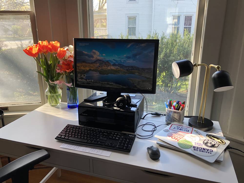 A white desk is positioned facing out of a window with a PC computer on it. There are two vases of flowers on the left, and two laptop computers stacked on the right, in front of a desk lamp. Photo by Carly McCrory-McKay. 
