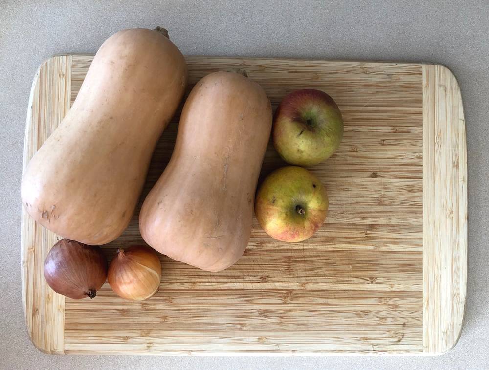 A bird's eye view of a countertop with a large wood cutting board. On the cutting board are two medium to small butternut squashes, two apples, and two small onions. Photo by Jessica Hammie.