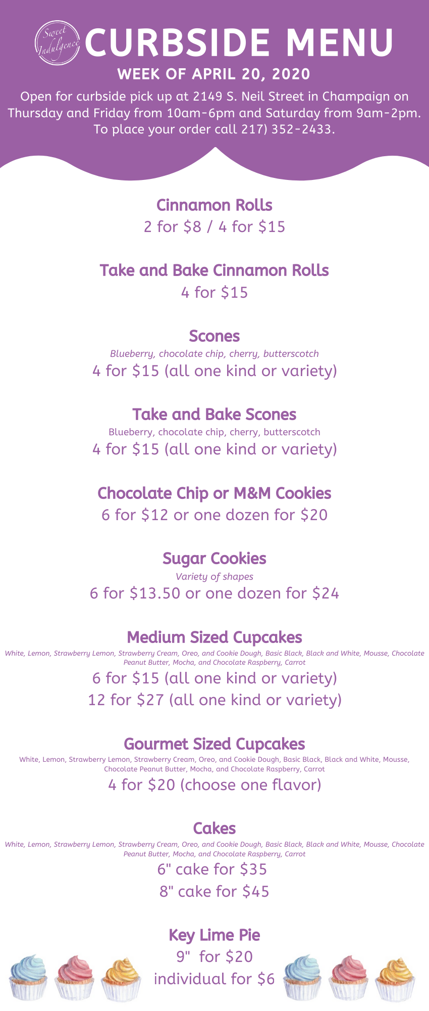 IMAGE: Menu featuring various items from Sweet Indulgence Bakery, with prices.