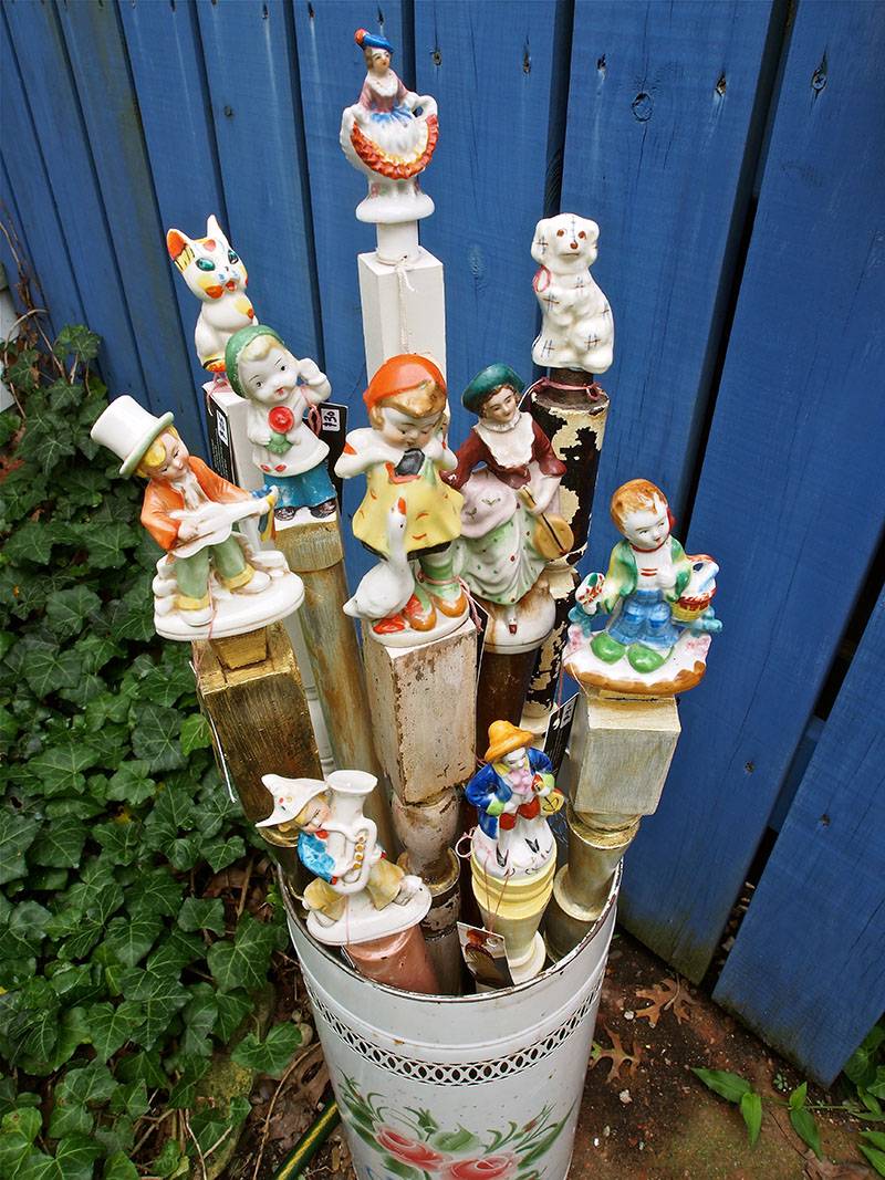 Image: Antique metal canister of decorated garden spikes. Photo from Melissa Mitchell.