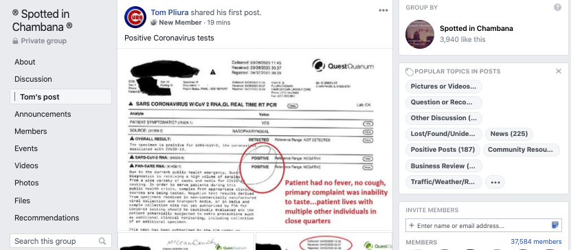 IMAGE: Screenshot of a Facebook post from Tom Pliura, featuring images from COVID-19 tests adminstered.